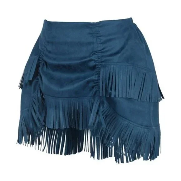 Blue Suede Ruched Bustle Skirt w/Fringe - Picture 2 of 4